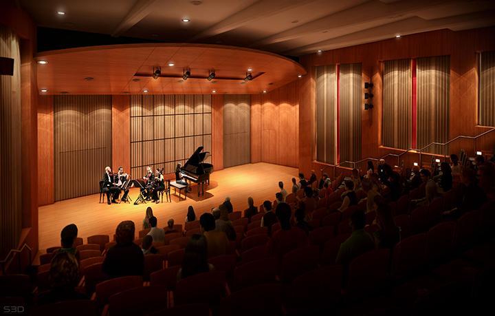 An artistic digital rendering of the soon-to-be-built the Louse E. Addicott and Yatish J. Joshi Performance Hall
Image courtesy of the Ernestine M. Raclin School of the Arts