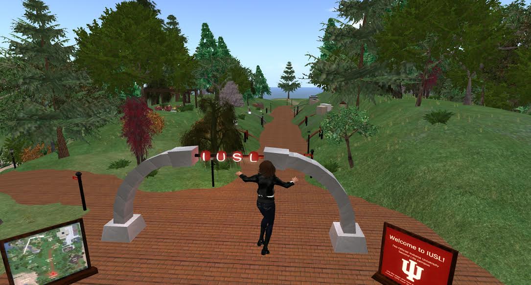 A screenshot of Professor Jane Cera’s avatar at the IU Second Life Campus Gate. Cera is using the Second Life program to help teach her visual culture course.