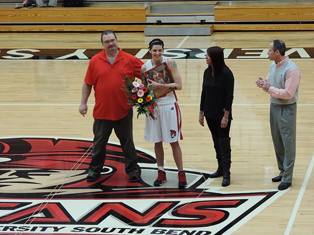 Emily Strilich is honored on Senior Night before Saturday’s game by in the SAC. (Preface Photo/NEIL KING)