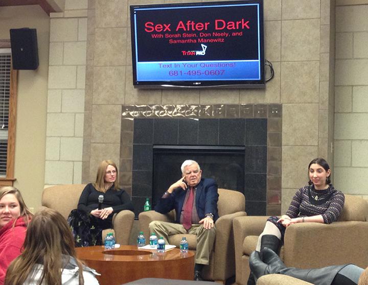 Sorah Stein, Don Neely and Samantha Manewitz answered students’ questions about sex submitted via text at Wednesday’s “Sex after Dark” event in student housing. (Preface photo/ GEOFF LESAR)