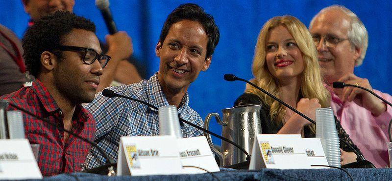 “Community” cast, from left to right: Former cast member Donald Glover, Danny Pudi, Gillian Jacobs, and former cast member Chevy Chase. The show, now in the midst of its fifth season, airs Thursday nights at 8 p.m. on NBC. (Photo/Wikimedia Commons)