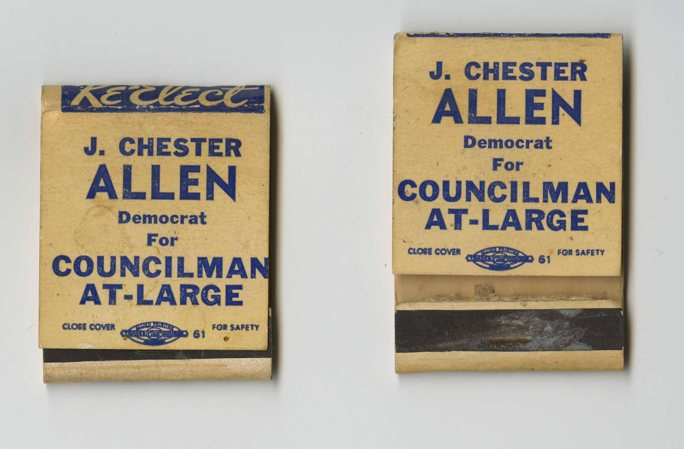 J. Chester Allen was the first African American to serve on South Bend’s Common Council. Matchbooks used for his campaign. Circa 1963. Photo credit/Michiana Memory Website