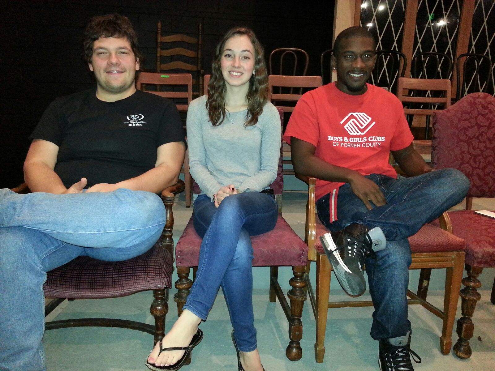 Actors, Brad Pontius, Jordyn Nutting, and Javon Barnes pose for a photo before Friday evening’s rehearsal. Photo credit/Rachel Nuner