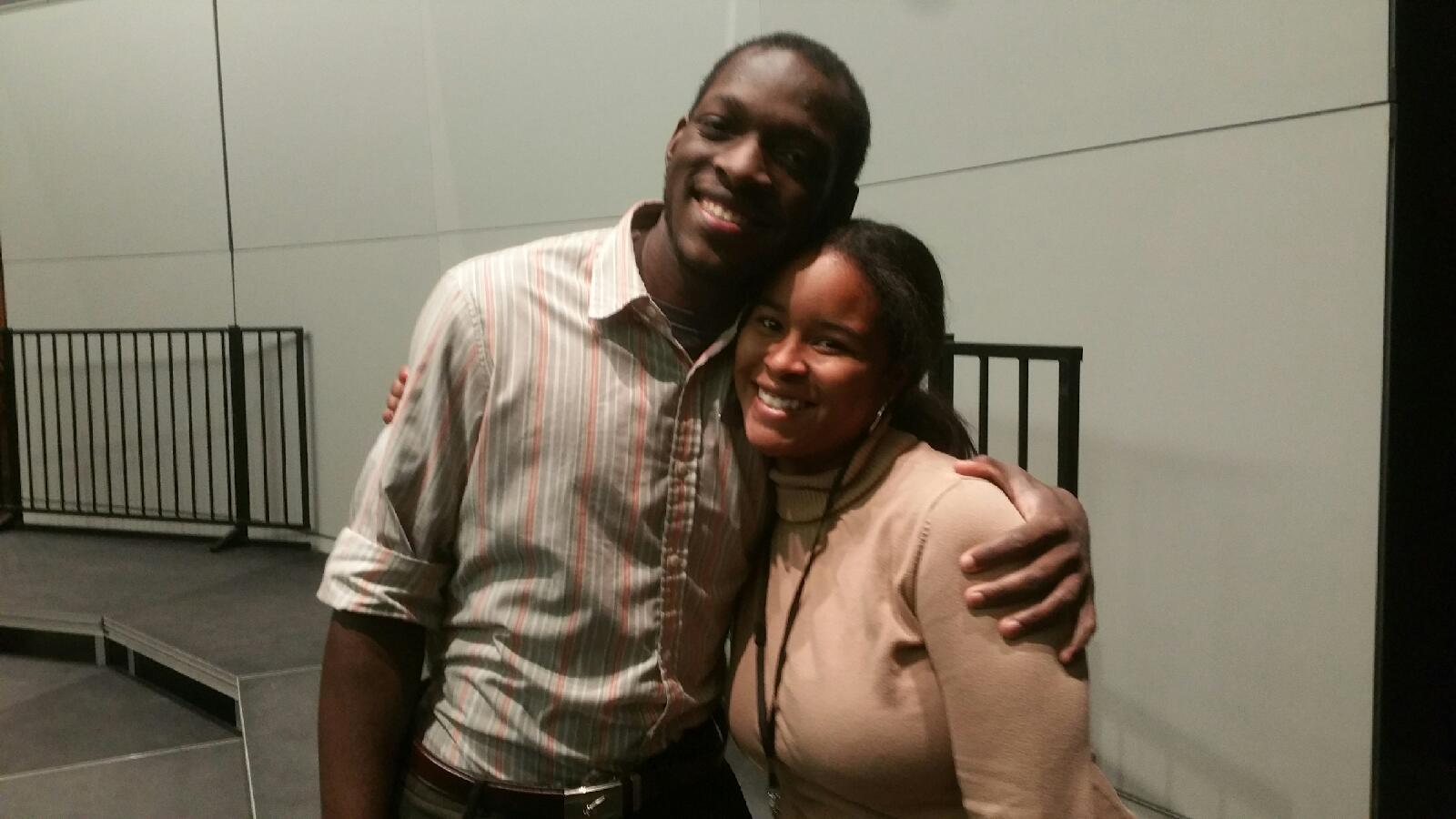 IUSB students Pierre Cooks (left) and Kara Stokes (right) pose for a picture during Gospel Choir rehearsal.