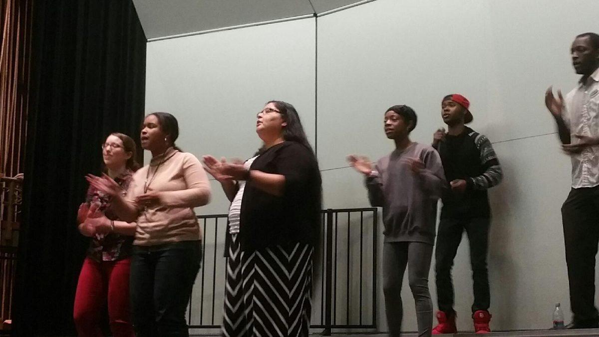 The IU South Bend Gospel Choir rehearses for their performance this Sunday in the Campus Auditorium. 