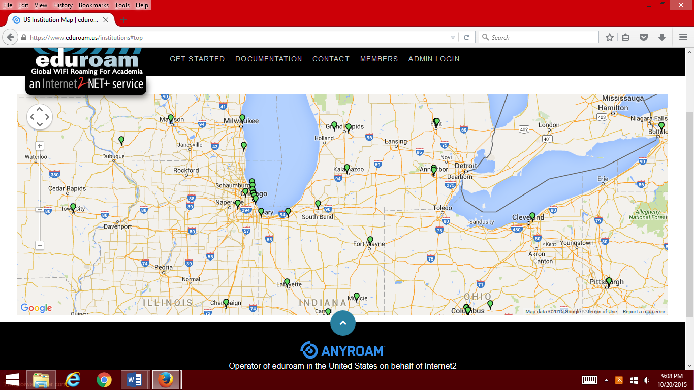 A screen shot of Eduroam.us shows universities in the surrounding area that offer access to Eduroam. Photo Credit/Chrissy Bohlmann