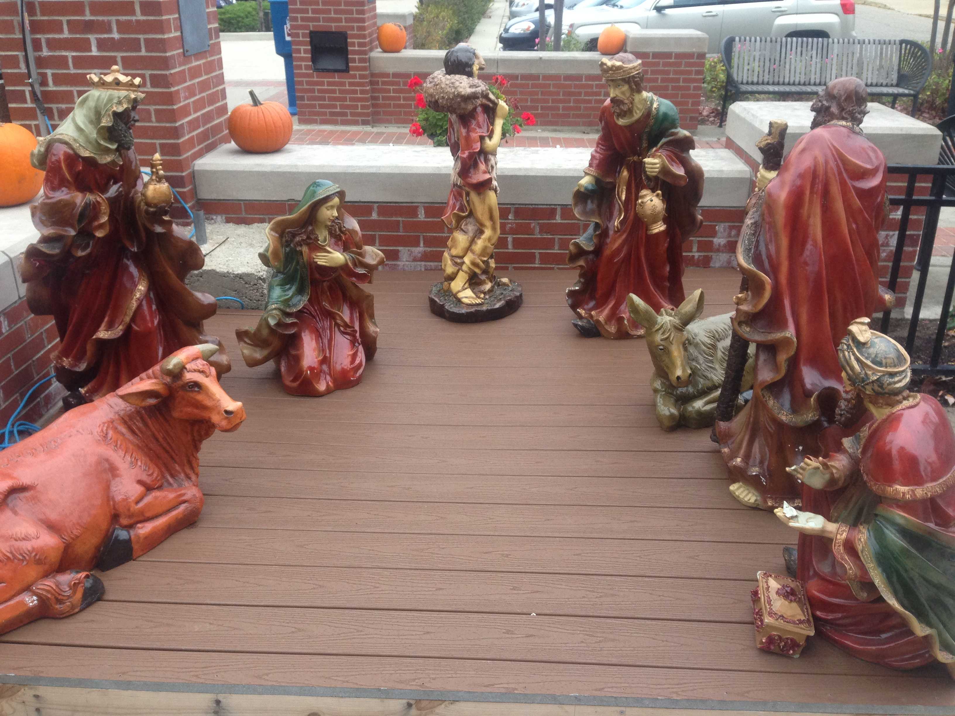 A nativity scene is on display at the South Bend Chocolate Café. Take notice of the pumpkins (symbolic to Thanksgiving) in the background. ‘Tis not the season yet. Photo Credit/Leslie Lestinsky