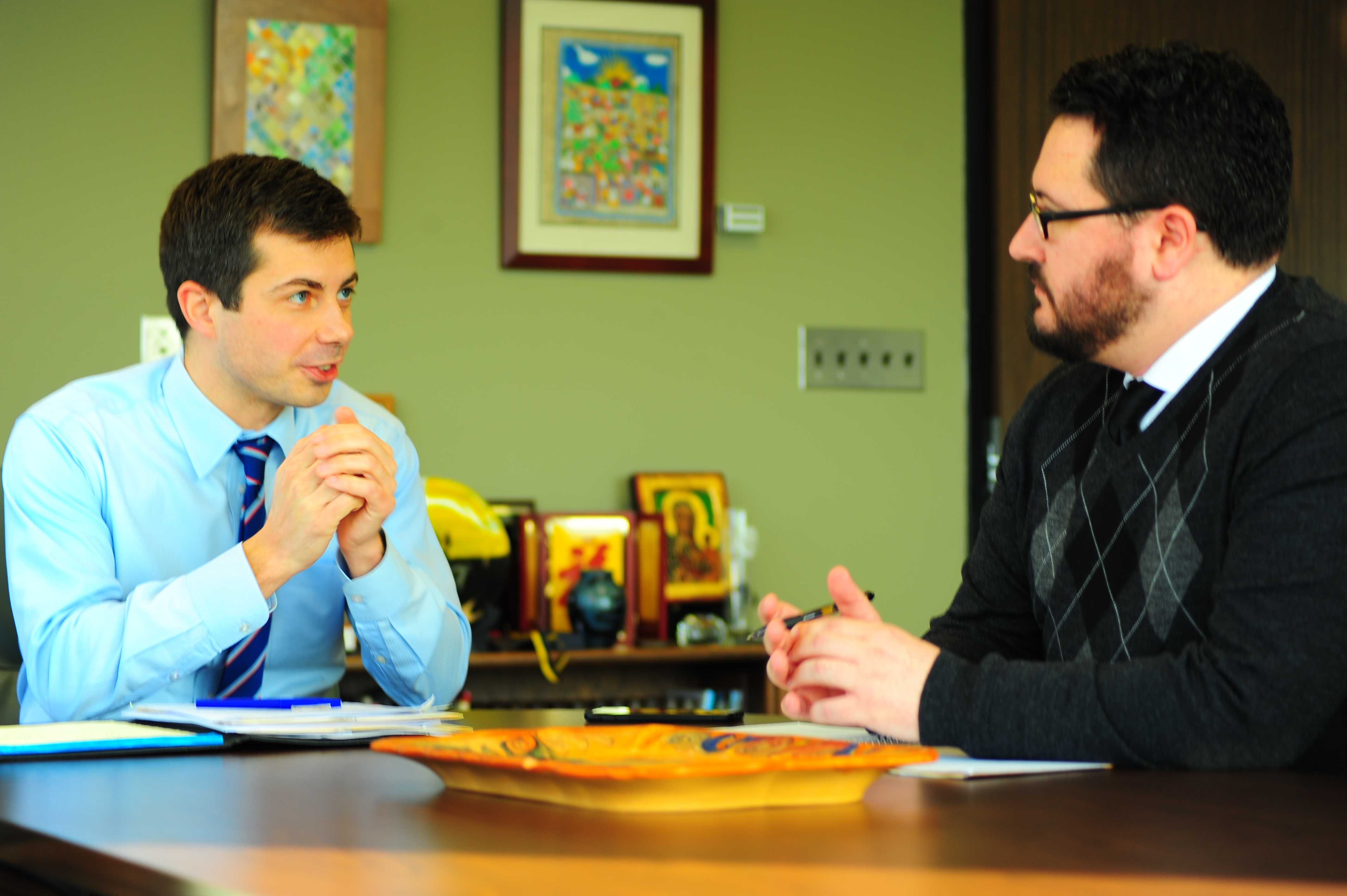 Mayor Pete Buttigieg speaks with Jim Irizarry
