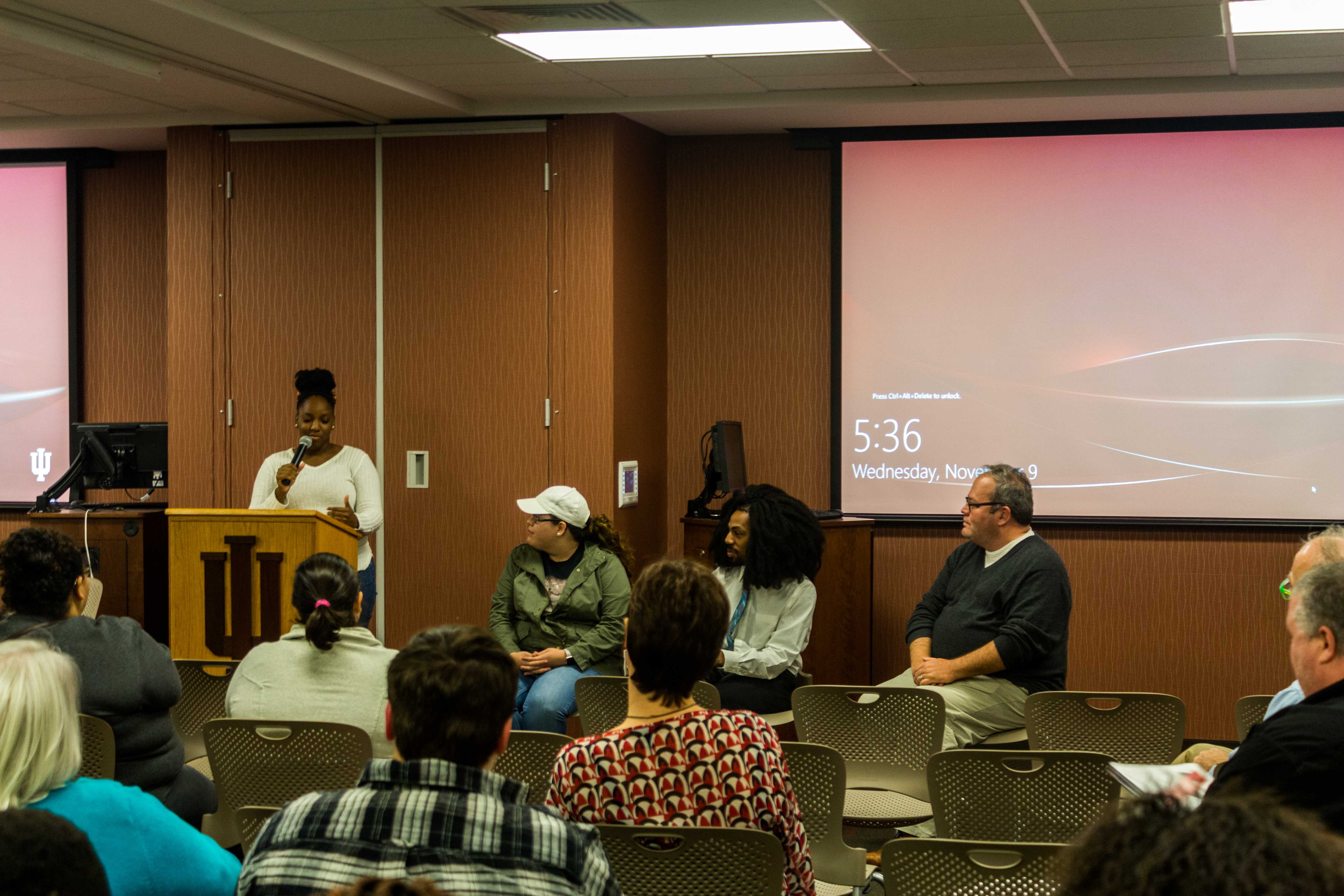 Black Student Union President Caderia Strickland speaks Wednesday, Nov. 9, to students, faculty and community members in the wake of the election results. PHOTO/BRANDON KRUTSCH
