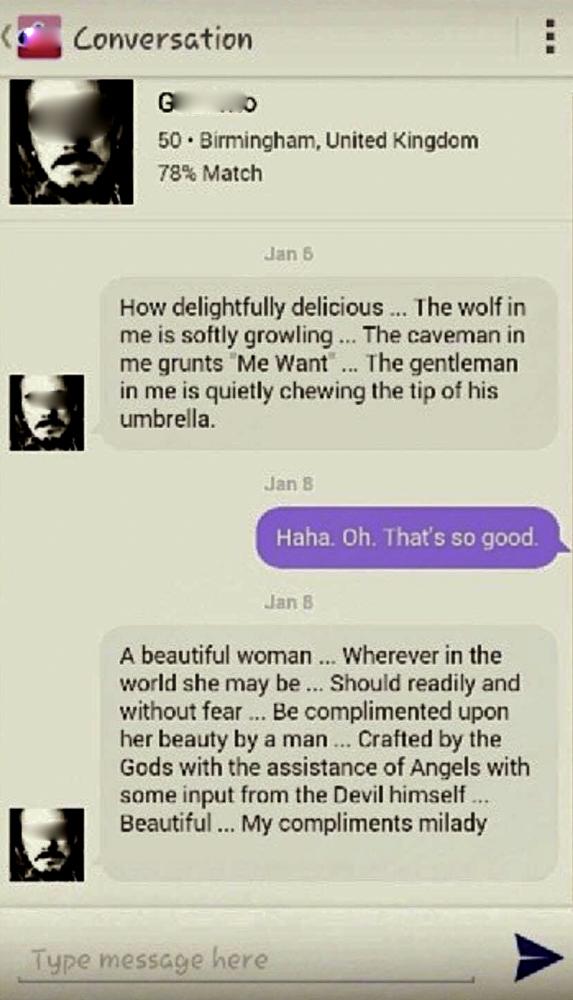 Just one example of the many strange messages females receive on dating apps. Photo/KENDALL ASBELL