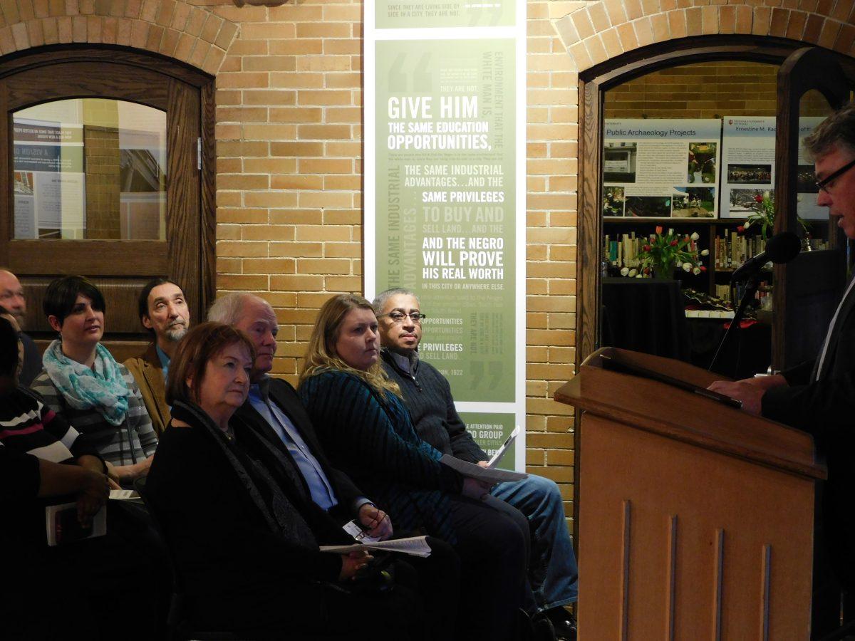 Chancellor Terry Allison makes opening remarks at the Carnegie Engaged Campus Kick-Off. In the first row, Maggie Kernan, former South Bend mayor and Indiana governor Joe Kernan, student Christine Deutscher, and LeRoy King, Executive Director of Bridges Out of Poverty, listen.
PHOTO/JIM IRIZARRY