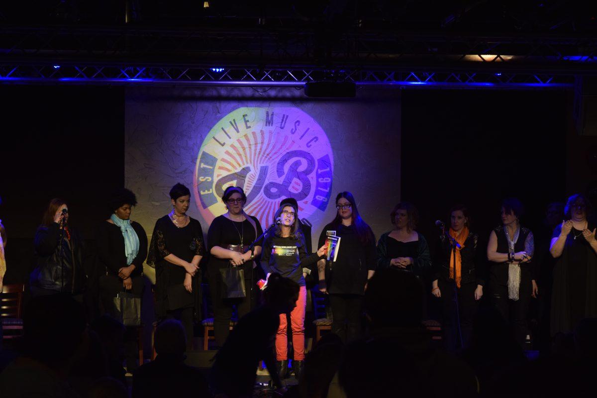 April Lidinsky addresses the audience at the close of the first performance of Michiana Monologues of 2017 at Vegetable Buddies. PHOTO/Christina Clark