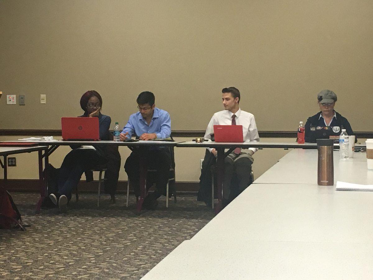 SGA executives (left to right), Ekwenuya Chimogo, Shail Bhagat, Kevin Schascheck and Andi Trowbridge, address the SGA about the referendum.
PHOTO/Zane Gonzalez