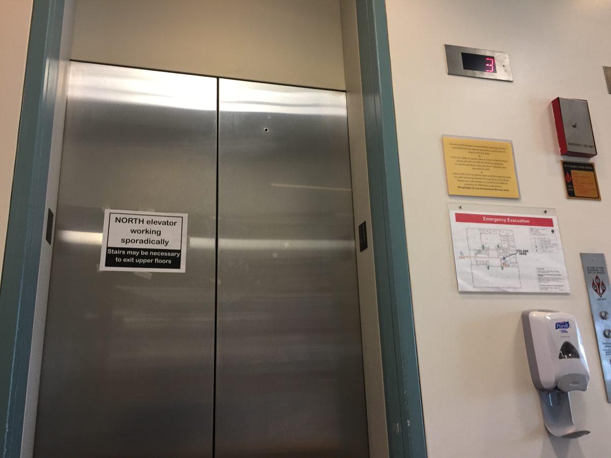 The north elevator in the library is working occasion because of water damage from heavy rainfall. However, staff still recommends that students take the stairs to get to the upper floors.
Photo/Kate Luce