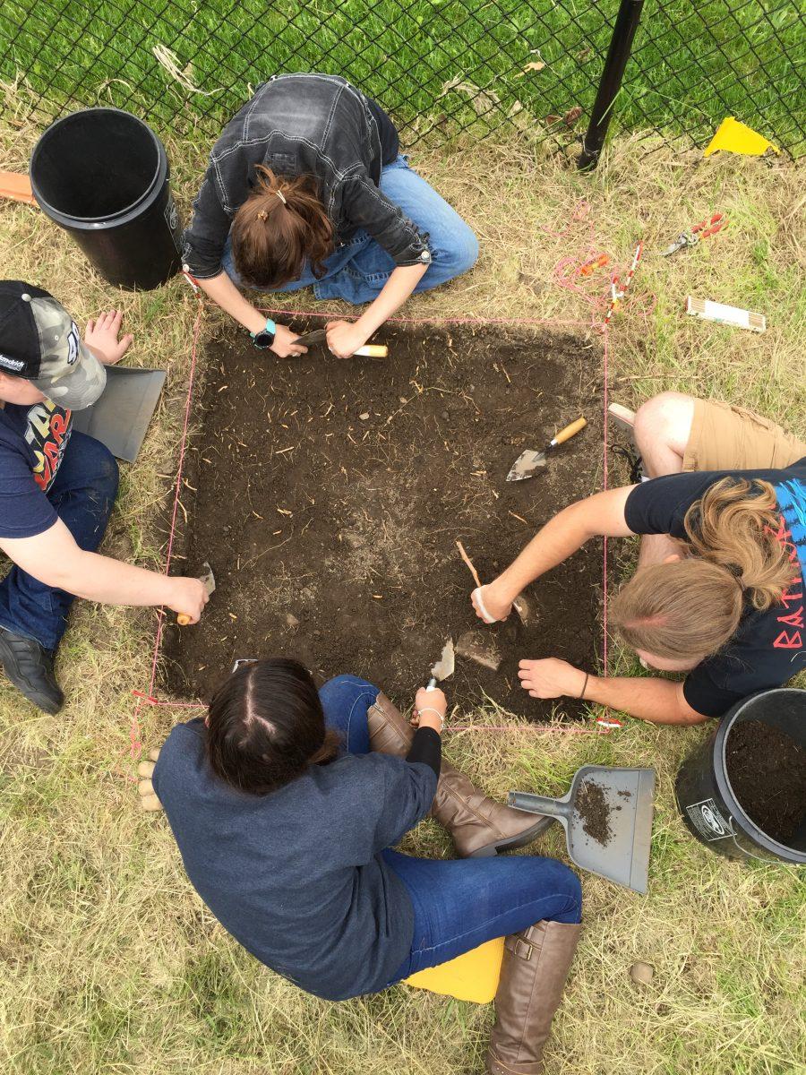 Field study workers excavate a site on IUSB campus.
From left to right Felicia Baker, Blake Herwick, Ashley Jankowski and Sarah Freel.
Photo provided by James VanderVeen