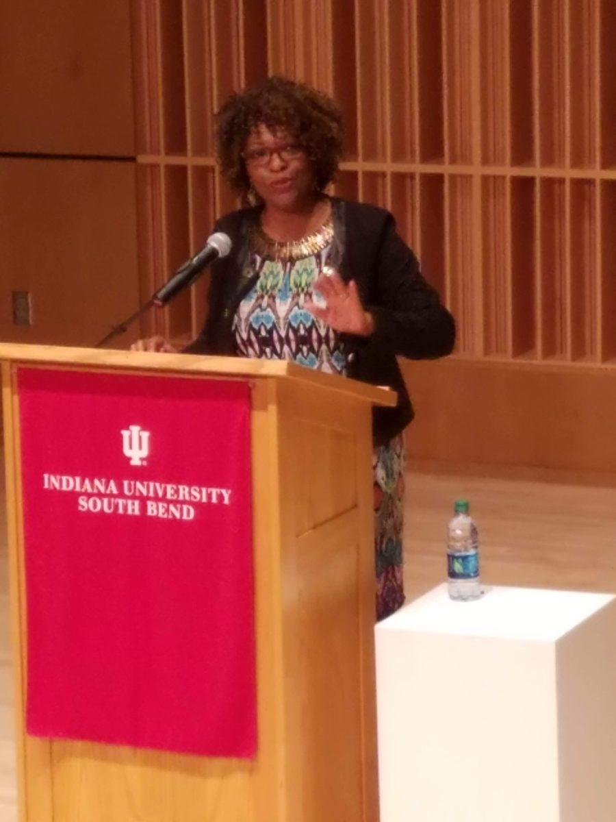 U.S. poet Rita Dove speaks at IU South Bend Saturday evening. PHOTO/JOHN LARSON