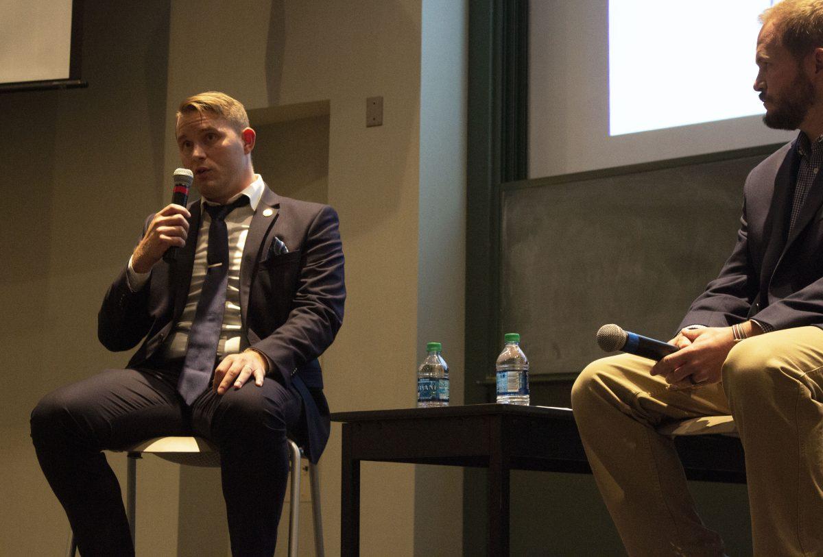 Candidates for City Council District-H, Joe Canarecci and Brian Pawlowski debate at IU South Bend. Photo by SAVANNAH MCCASLIN