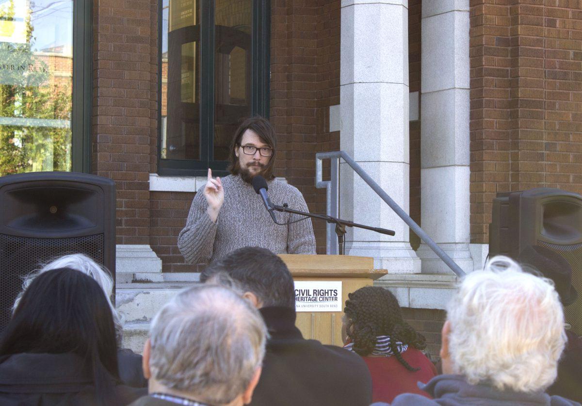 George Garner, Civil Rights Heritage Center curator, speaks at the historic landmark event for the Center in South Bend. Photo/ SAVANNAH MCCASLIN

