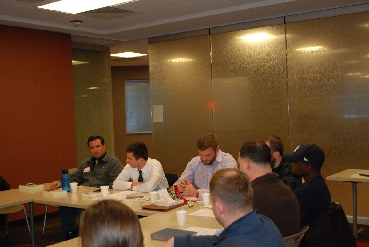 Pictured here in February 2016 is Mayor Pete Buttigieg, special guest for discussion on Operation Homecoming, a collection of writings from Iraq and Afghanistan veterans. Also pictured are Zac Quiett, former IUSB SVO President, Wayne Weeks, Roy Saenz and other club members.
Provided by Rhonda Culbertson.
