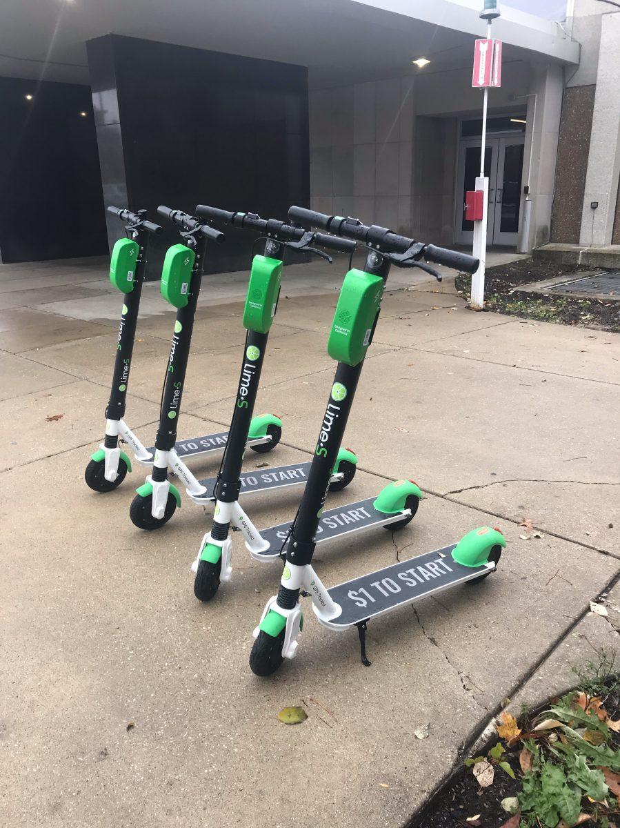 Lime Scooters await riders outside of Northside Hall. Photo/ Christina Clark