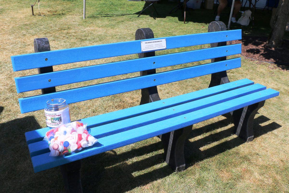 A bench that was made from recycled plastic lids and caps. Photo provided by Tracy Horvath.
