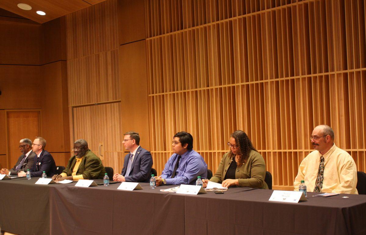 Left to right: Lynn Coleman, Jason Critchlow, Oliver Davis, James Mueller, Salvador Rodriguez, Regina Williams- Preston, and Richard Wright. PHOTO BY/Carter Dejong