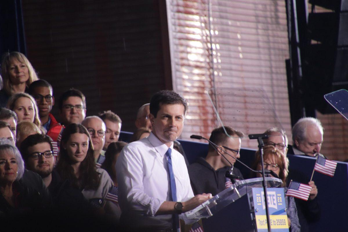 South Bend’s Mayor Pete Buttigieg inside the Studebaker 84 Building in South Bend, officially launching his presidential campaign for the 2020 election on Sunday, April 14. PHOTO BY/Carter Dejong