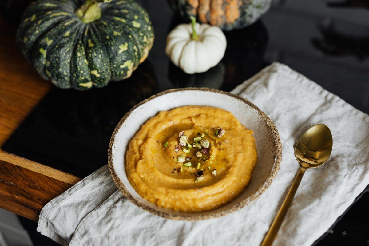 pumpkin cream served on white cloth